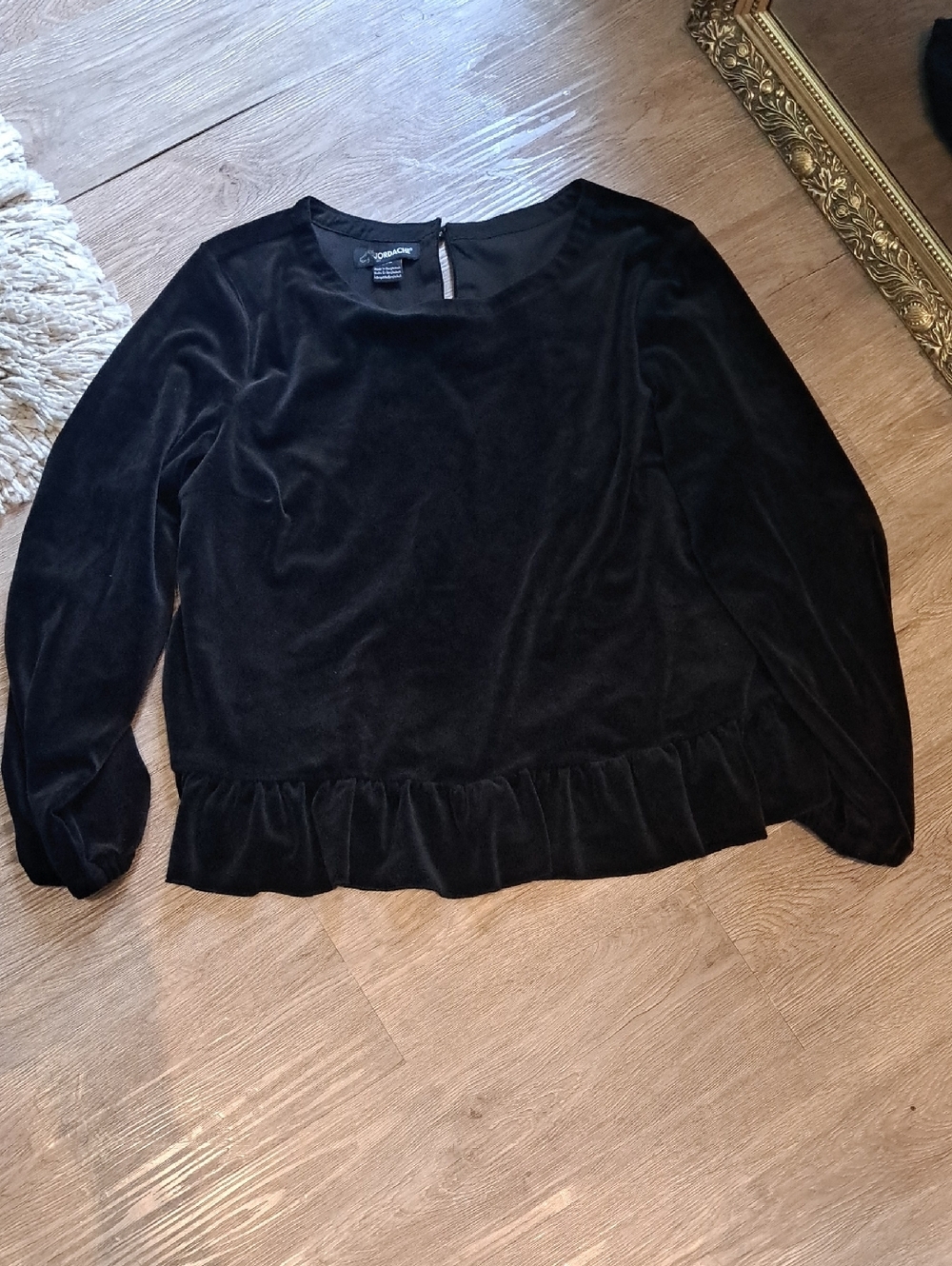 Jordache Black Velvet Long-Sleeve Ruffle-Hem Blouse